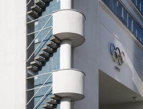 Staircase, tower and Olympic rings 1952, Olympic Stadium or Finnish Olympic Stadium, architects