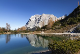 Seebensee with Zugspitze and Wetterstein Mountains in autumn, Alps, Tyrol, Austria