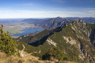 View from Heimgarten of Lake Kochel, Herzogstand and Benediktenwand, Upper Bavaria, Alps, Germany