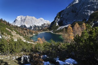 Seebensee with Zugspitze and Wetterstein Mountains in autumn, Alps, Tyrol, Austria