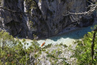 Kayaking in the upper reaches of the Isar, kayaking, Hinterautal, Upper Bavaria, Alps, Germany