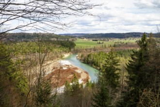 View from Malerwinkel near Königsdorf into the Isar Valley in spring, Isar cycle path, Upper