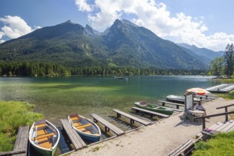 Hintersee with Schartenspitze and Wasserwandkopf, boat rental, Ramsau, Berchtesgadener Land, Upper