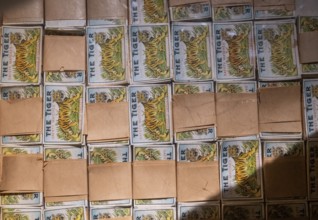 Historical labels depicting tigers for matchboxes are bundled in a box, Tändsticksmuseet matchstick