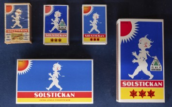 Matchboxes with traditional label motif Stolstickan or Solstickepojken, Sun Boy, designed in 1936