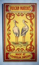 Historic label design, storks, Vulcan Matches Made at Tidaholm, Sweden, Tändsticksmuseet match