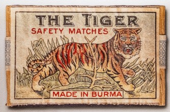 Historic label design, tiger, print Made in Burma, Tändsticksmuseet match museum or match museum,