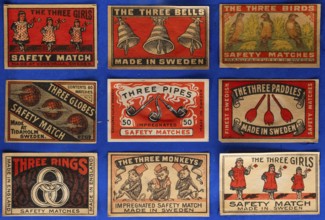 Matchboxes with old label design and different motifs, Made in Sweden, Tändsticksmuseet match