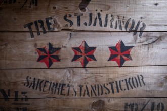 Safety matches printed on old wooden box, Tändsticksmuseet Match Museum or Match Museum, Jönköping,