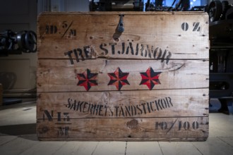 Old wooden box for storing safety matches, Tändsticksmuseet Match Museum or Match Museum,