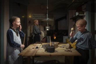 Children glue matchboxes together while working from home, child labor, historical scene recreated,