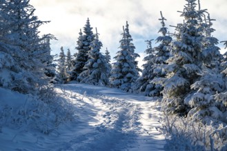 Scenic trail through a snowy coniferous forest in atmospheric light, Heinrich-Heine-Weg hiking
