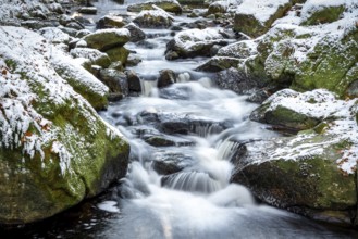 Lower Ilse Falls with snow and moss covered rocks in winter, Heinrich-Heine-Weg, Ilsetal, Harz