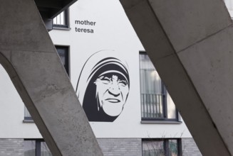 Mother Teresa Agnes Gonxha Bojaxhiu, portrait mural of the Nobel Peace Prize winner at a student