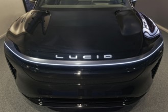Lucid logo on Lucid Gravity electric SUV, showroom of the American brand for electric cars on the
