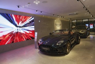 Aston Martin Vantage luxury sports car, exhibited in the Düsseldorf showroom, North