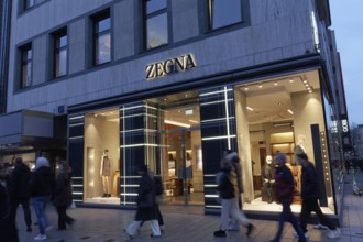 Illuminated Zegna store on the Kö, twilight, Italian brand for luxury menswear, Düsseldorf, North