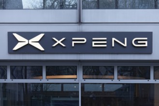 Xpeng, logo at the showroom of Chinese electric car brand Xiaopeng Motors, Düsseldorf, North