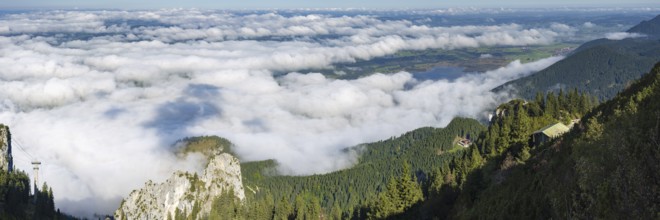 Panorama from Tegelberg, 1881m, of the cloud-covered Forggensee and Bannwaldsee, Ostallgäu,