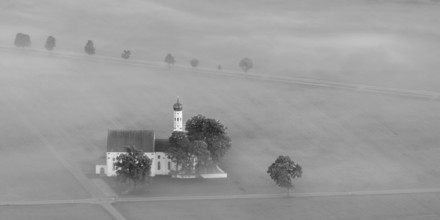 St. Coloman pilgrimage church in front of sunrise in autumn fog, Königswinkel, Ostallgäu, Allgäu,