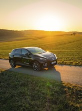 Black car in a quiet rural setting at sunset, surrounded by green fields, MG4 electric car, Deer