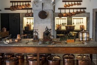 Copper pots and copper pans, kitchen of the palace Palácio Nacional da Pena, Sintra, Portugal
