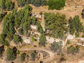 Ruins of former workshop halls, Mina de Sao Domingos, historic copper open-pit mine, aerial view,