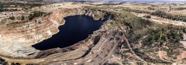 Panoramic aerial photograph, Mina de Sao Domingos, historic copper open-pit mine, aerial view,