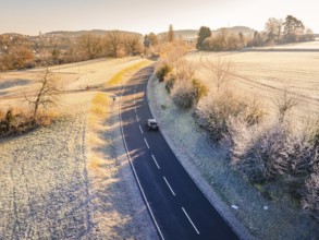 An empty road snakes through a frosty landscape in morning sunlight, MG4 electric car, deer e-car