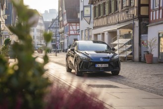 Black car in front of half-timbered houses on a picturesque street with natural light and plants in