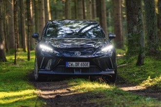 Black car on a forest road with headlights on, surrounded by trees, MG4 electric car, deer e-car