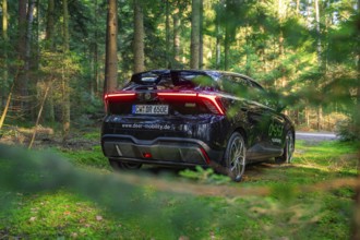 Carsharing car on a forest path surrounded by green nature, MG4 electric car, Deer E- Carsharing,