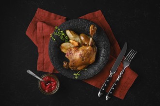 Top view of cooked duck confit on a black stone plate with caramelised pears and lingonberry sauce