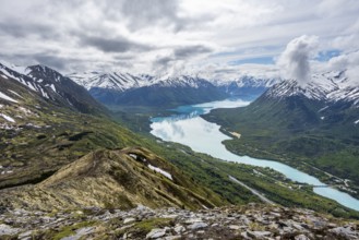 View of snowy mountains and turquoise lake Kenai Lake, Slaughter Ridge Trail, Cooper Landing, Kenai