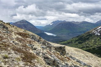 View of mountains and lake Trout Lake, Slaughter Ridge Trail, Cooper Landing, Kenai Peninsula,