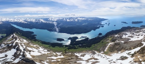 View of mountain landscape with turquoise blue Tutka Bay fjord, aerial view, Grace Ridge, Kachemak