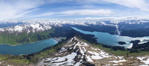 View of mountain landscape with turquoise blue fjord Sadie Cove and Tutka Bay, aerial view, Grace