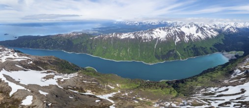 View of mountain landscape with turquoise blue fjord Sadie Cove, aerial view, Grace Ridge, Kachemak