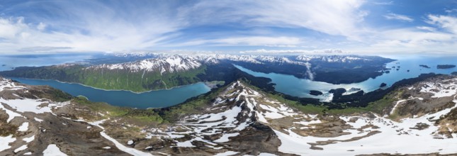 Panorama, view of mountain landscape with turquoise blue fjord Sadie Cove, aerial view, Grace