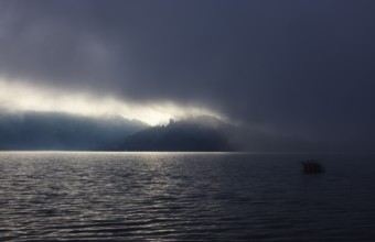Foggy morning atmosphere with sunrise at the lake, Mondsee, Salzkammergut, Upper Austria, Austria