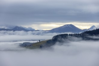 View from Mondseeberg to Gaisberg, inversion weather, Osterhorn Group, Mondseeland, Salzkammergut,
