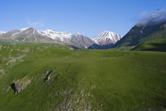 Green meadows and snow-capped mountains under clear sky, calm and majestic landscape, landscape
