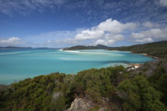 Sunny daytime view from Hill Inlet lookout over Whitehaven Beach, Whitsunday Island, Queensland,