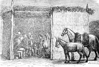 Group at Almrendal Ranch near Valparaiso, rural area, men, woman, child, indigenous people in local