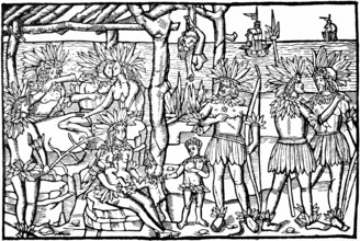 First depiction of the natives of the New World, sailors, ships, sea route to India, landing on