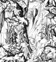 Alps at the time of Emperor Maximilian I (1459-1519), the young White King kills a chamois with a