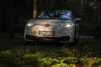 Car at dusk in the forest, headlights glow, mystical atmosphere, VW ID3 electric car, deer e-car