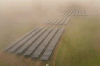 Rows of solar panels spread over foggy field, focus on renewable energy, energy transition,