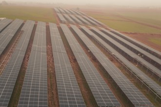Extensive solar panel layout in foggy landscape, sustainable energy source, energy transition,