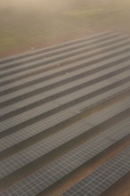 Arranged rows of solar panels on field, foggy atmosphere with structured pattern, energy